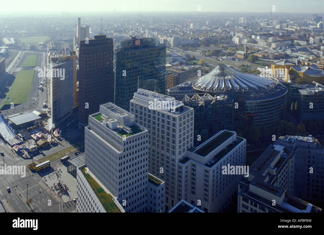 Berlin.Skyline. Potsdamer Platz with high-rise buildings with Sony Center, Ritz Carlton Hotel and Beisheim Center from above. Stock Photo