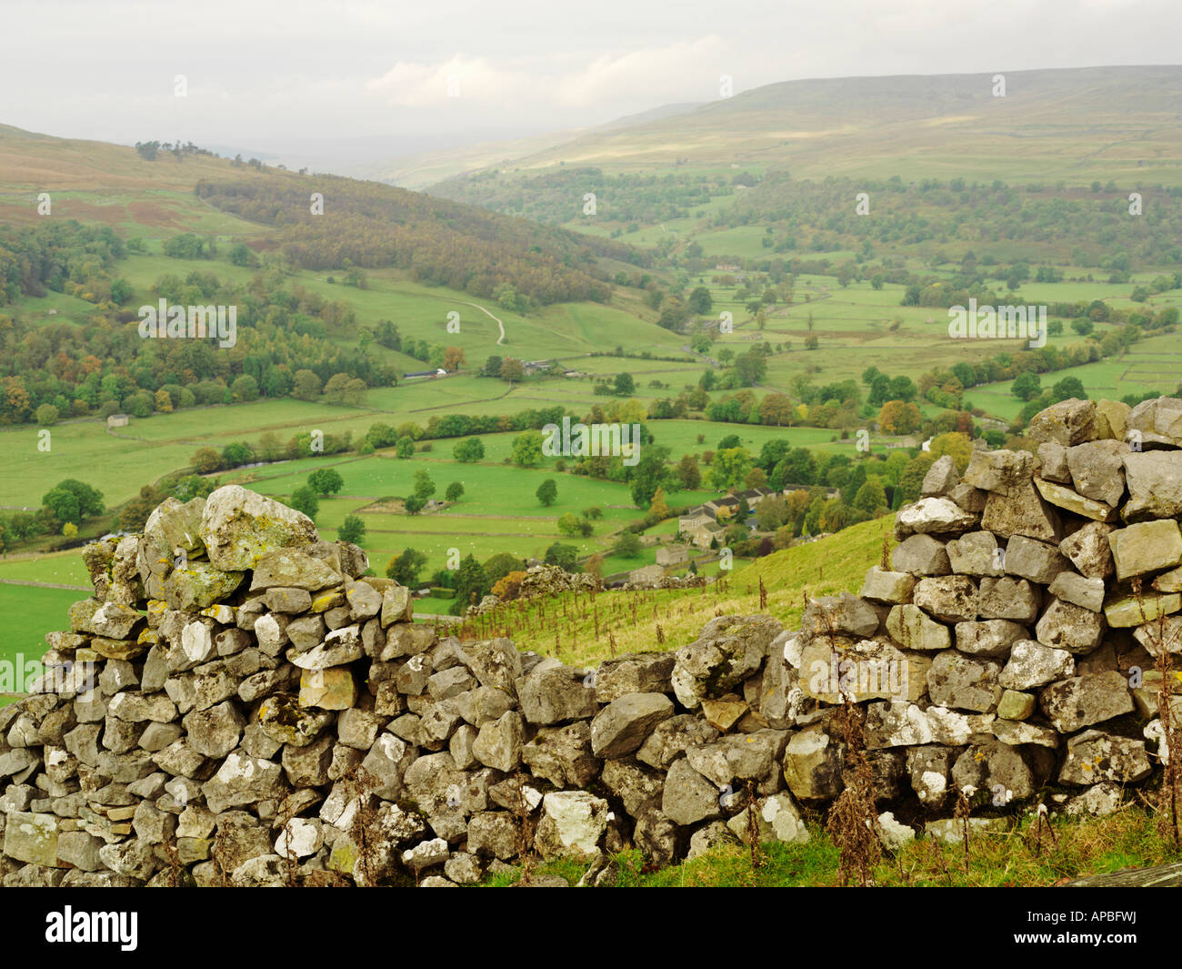 United Kingdom Yorkshire Yorkshire Dales National Park scenic view of valley and deteriorated dry stone wall Stock Photo