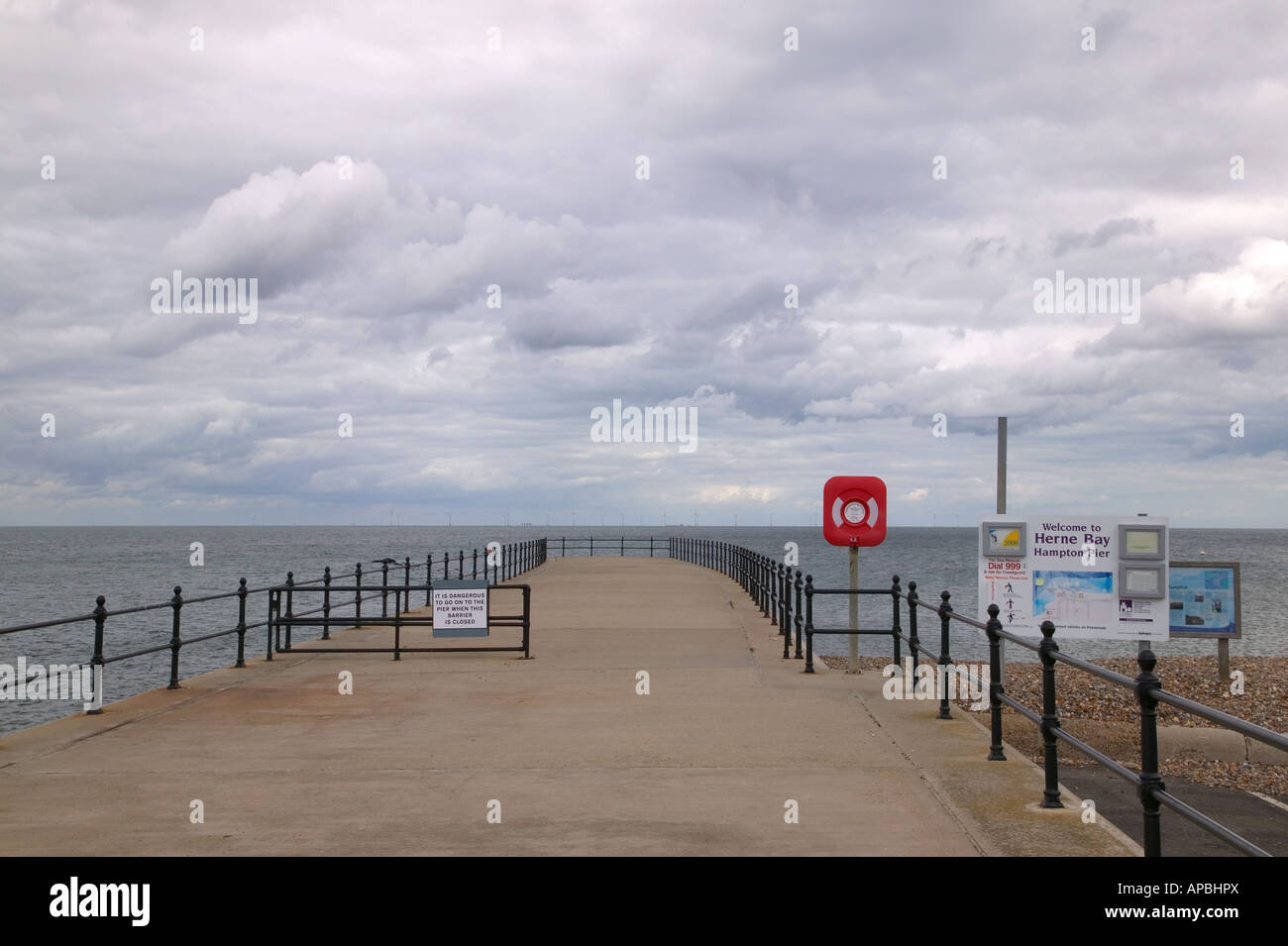 Hampton Pier at Herne Bay Kent England Wind farm on the horizon Stock
