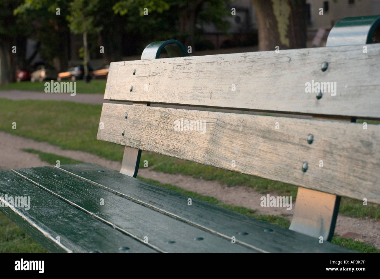 close-up of a public bench on Memorial Drive in Cambridge Massachusetts Stock Photo