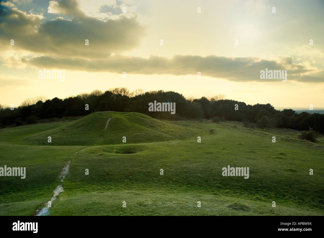 arrows West Sussex England UK with bronze age burial mound to the left. Reported UFO sightings here. Stock Photo