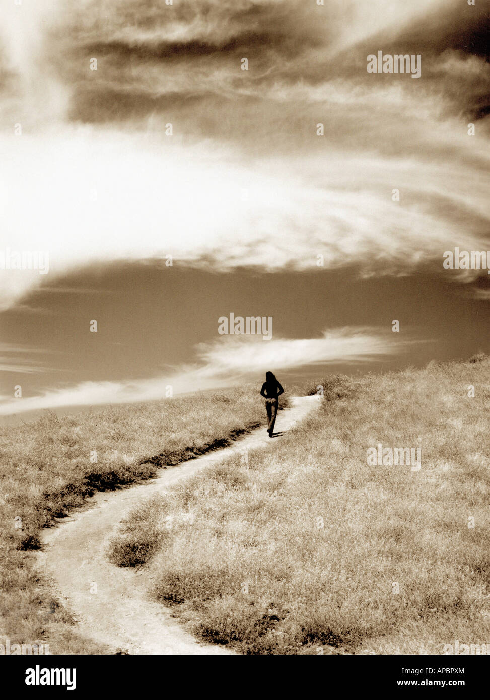 woman walks away on meandering path curve road less travelled journey