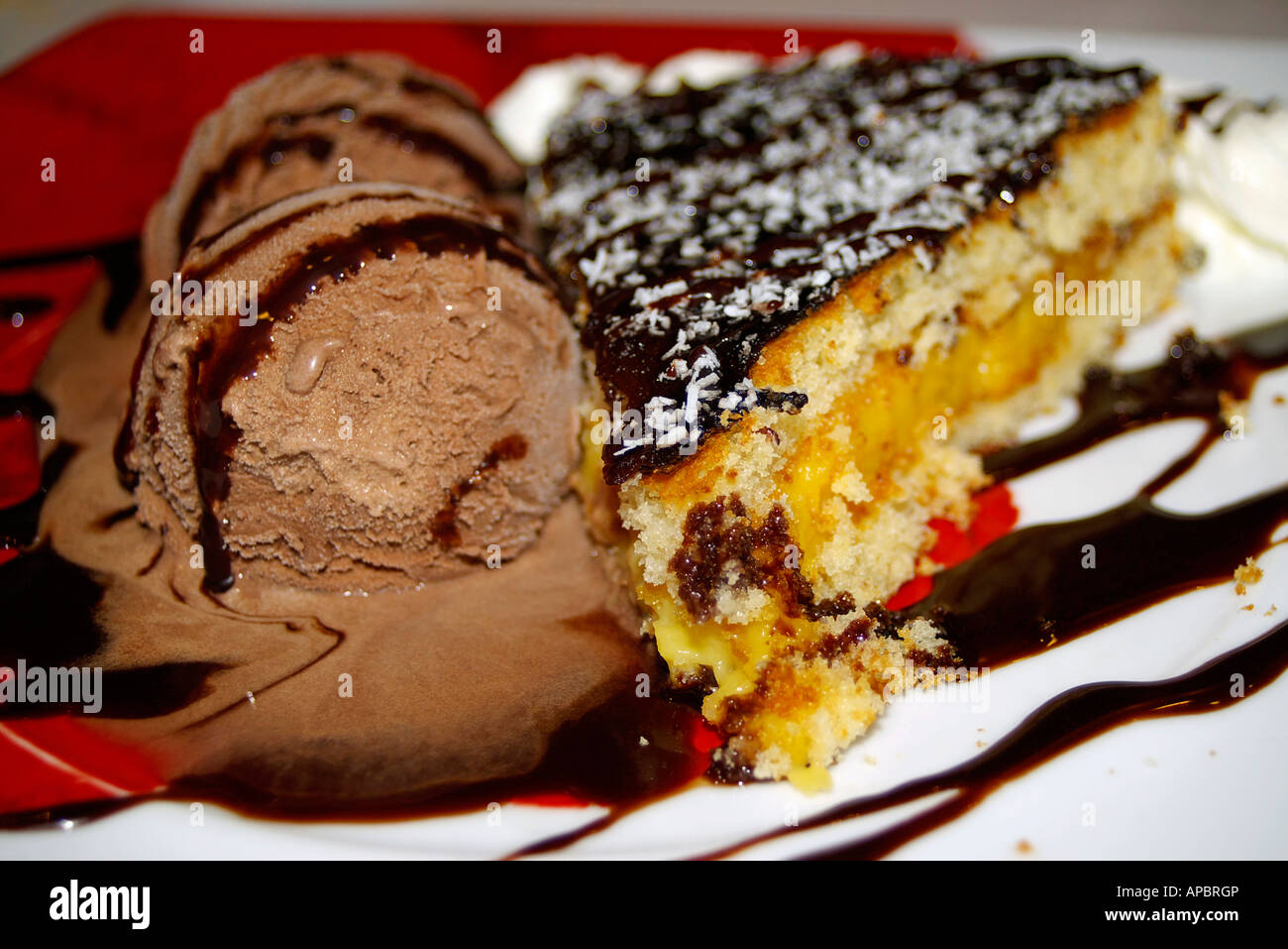 a tart piece with ice cream of chocolate Stock Photo