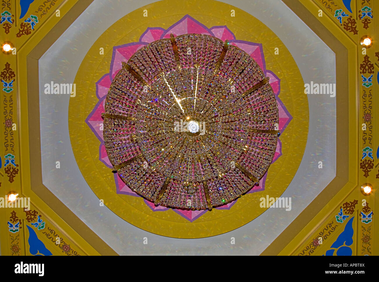 Intricate decorative chandelier on ceiling of inside Fo Guang Shan He Hua Chinese Buddhist Temple, Amsterdam, Holland Stock Photo