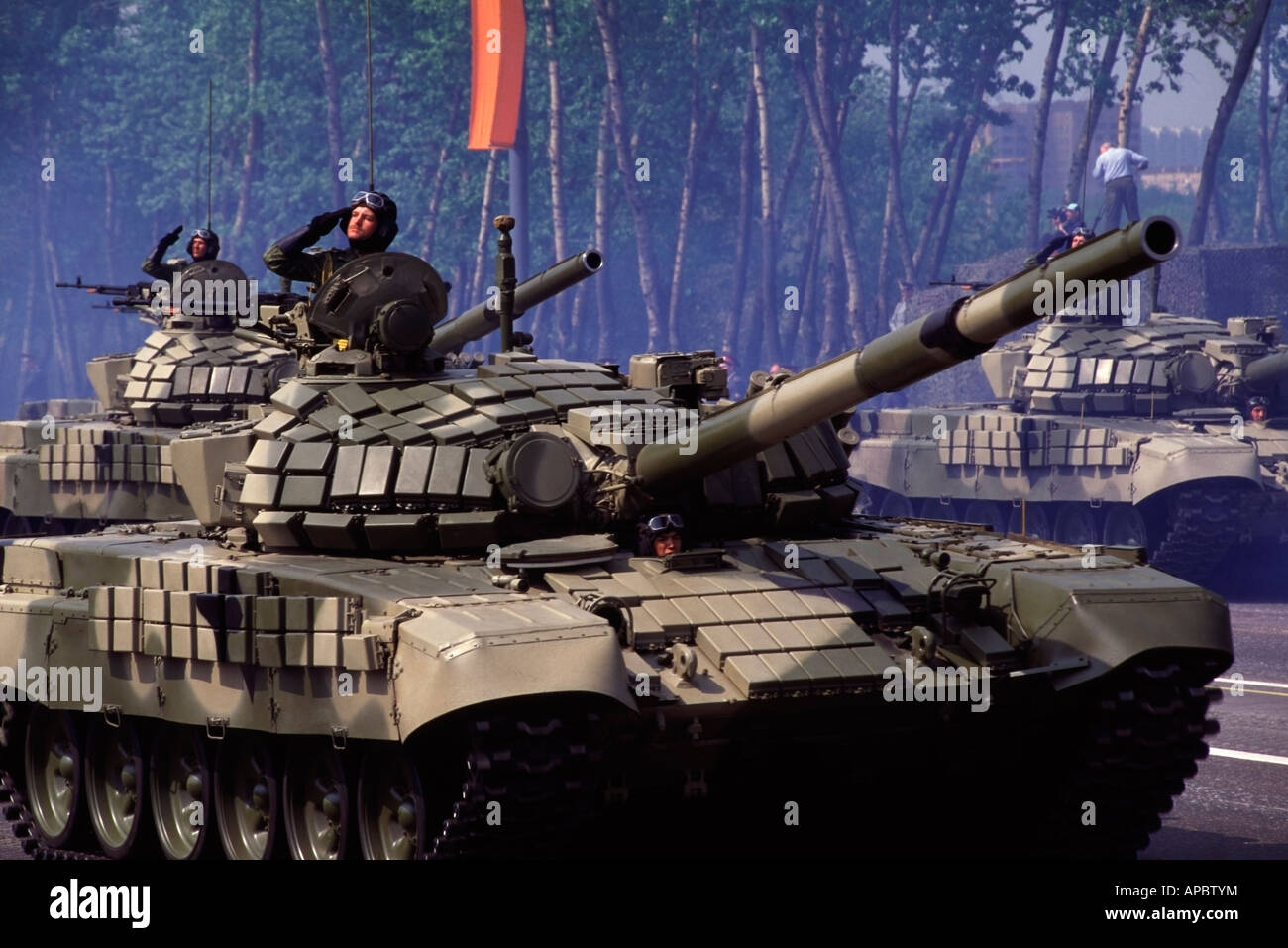 Russian T 72 battle tanks on parade during the annual celebration of the end of WWII in Moscow, Russia. Stock Photo