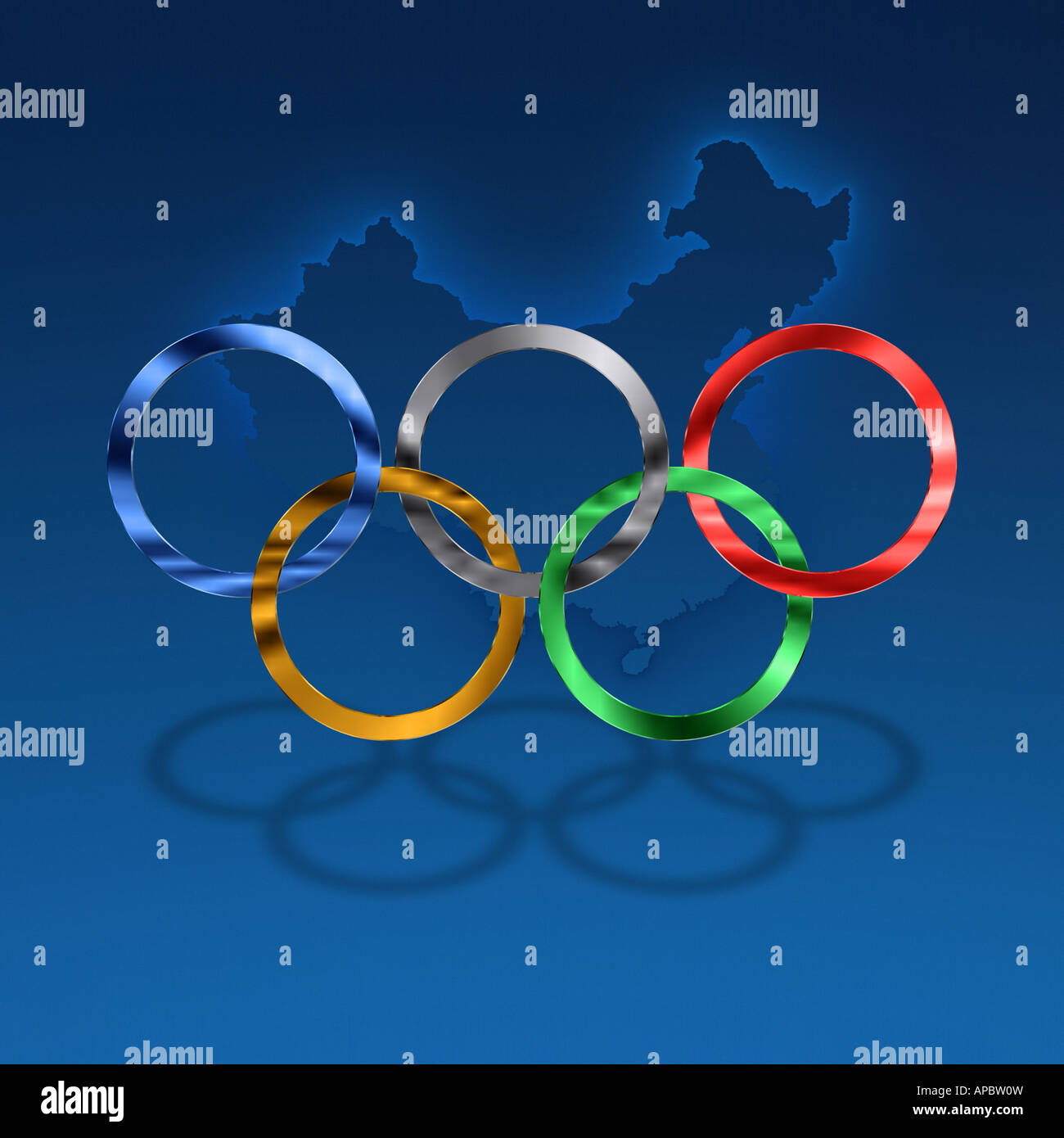 Olympic rings against a nice blue gradated background including subtle outline of China Stock Photo