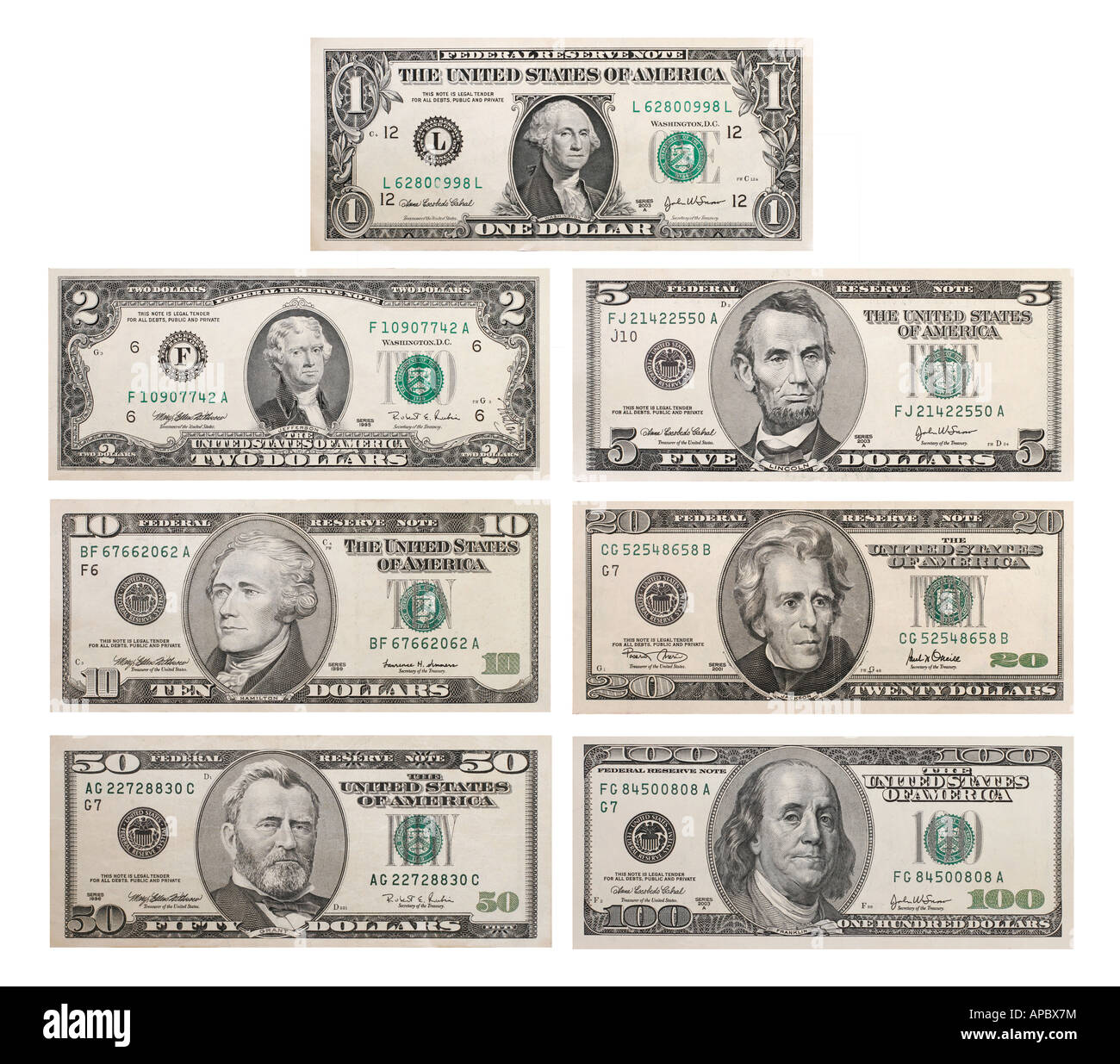 Every denomination of U S currency in one image including the very rare 2 Dollar bill Stock Photo