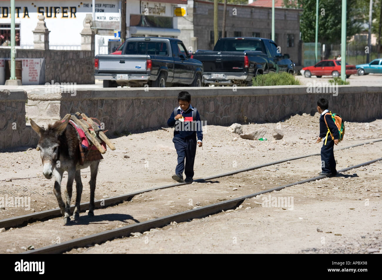 Schoolchildren on their way home after school in Creel Mexico a popular tourist destination in Chihuahua State and gateway to Stock Photo