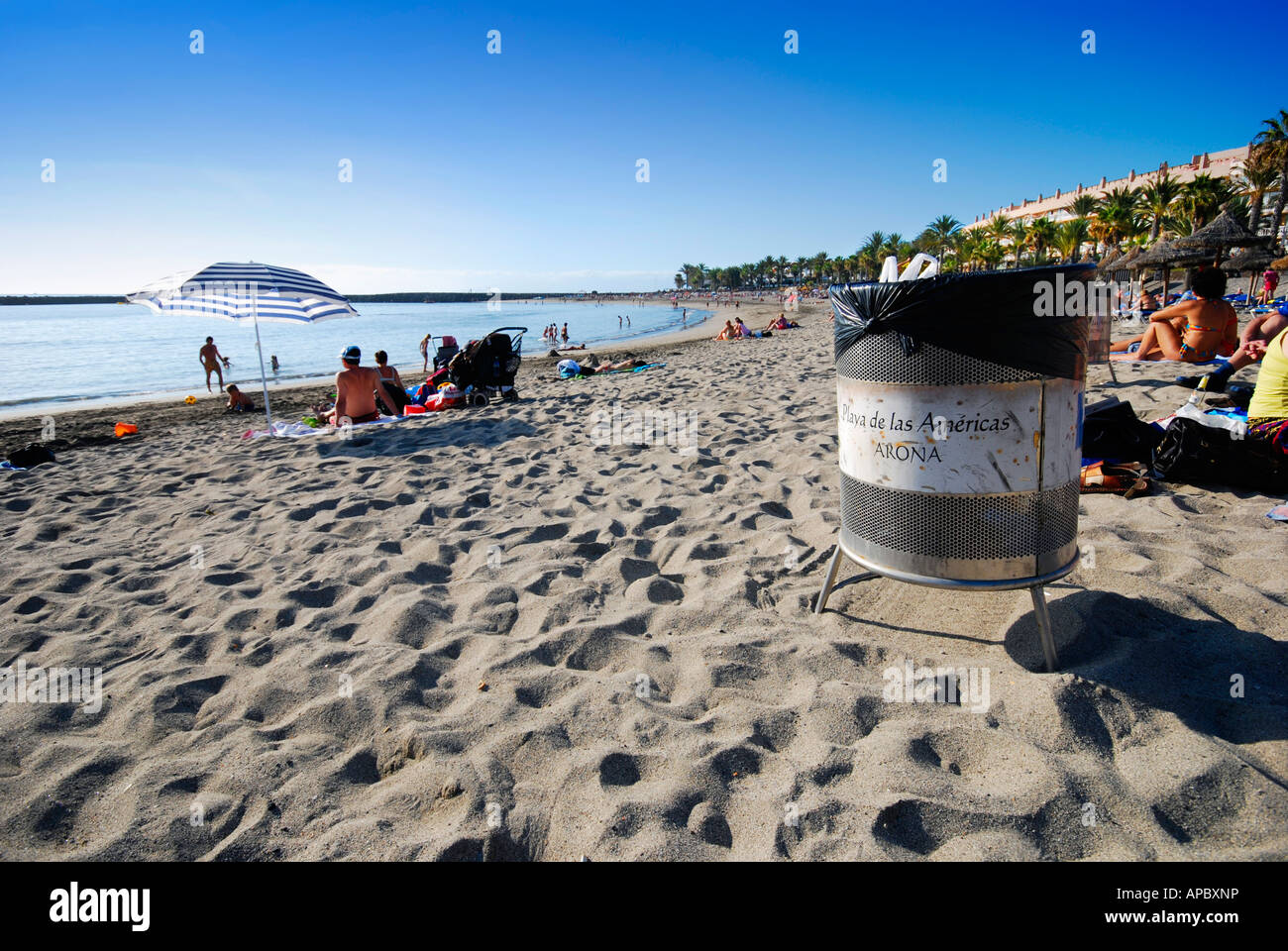 Wastebasket at Playa de Camis n beach in Playa de las Am ricas Los Cristianos on Tenerife island Spain Stock Photo