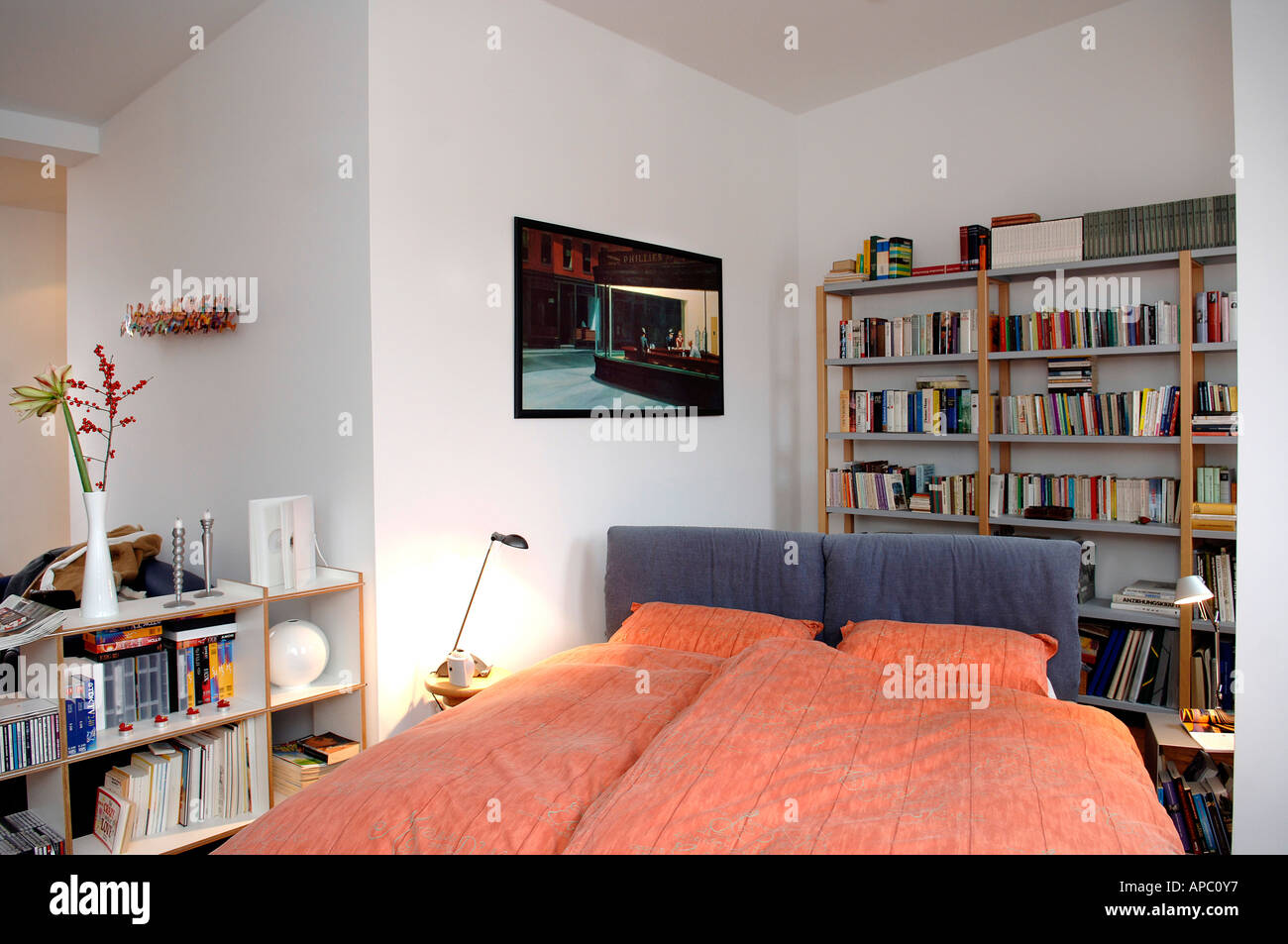 Decay developed attic dwelling in Berlin. Bedroom with books shelves and marriage bed. Stock Photo