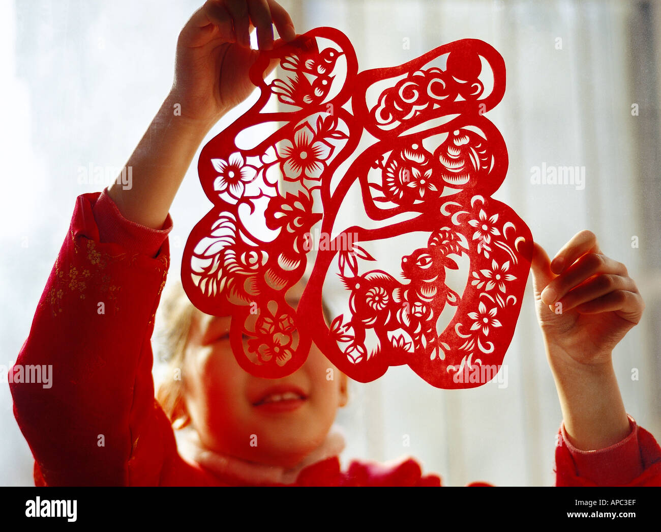 a Chinese 9 10 year old girl pasting a window paper cut on Chinese new year s eve Stock Photo