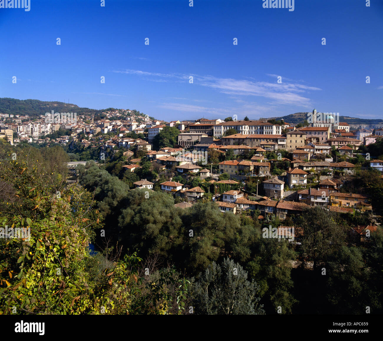 The old city of Veliko Turnovo above the Yantra River was the ancient capital of Bulgaria Stock Photo