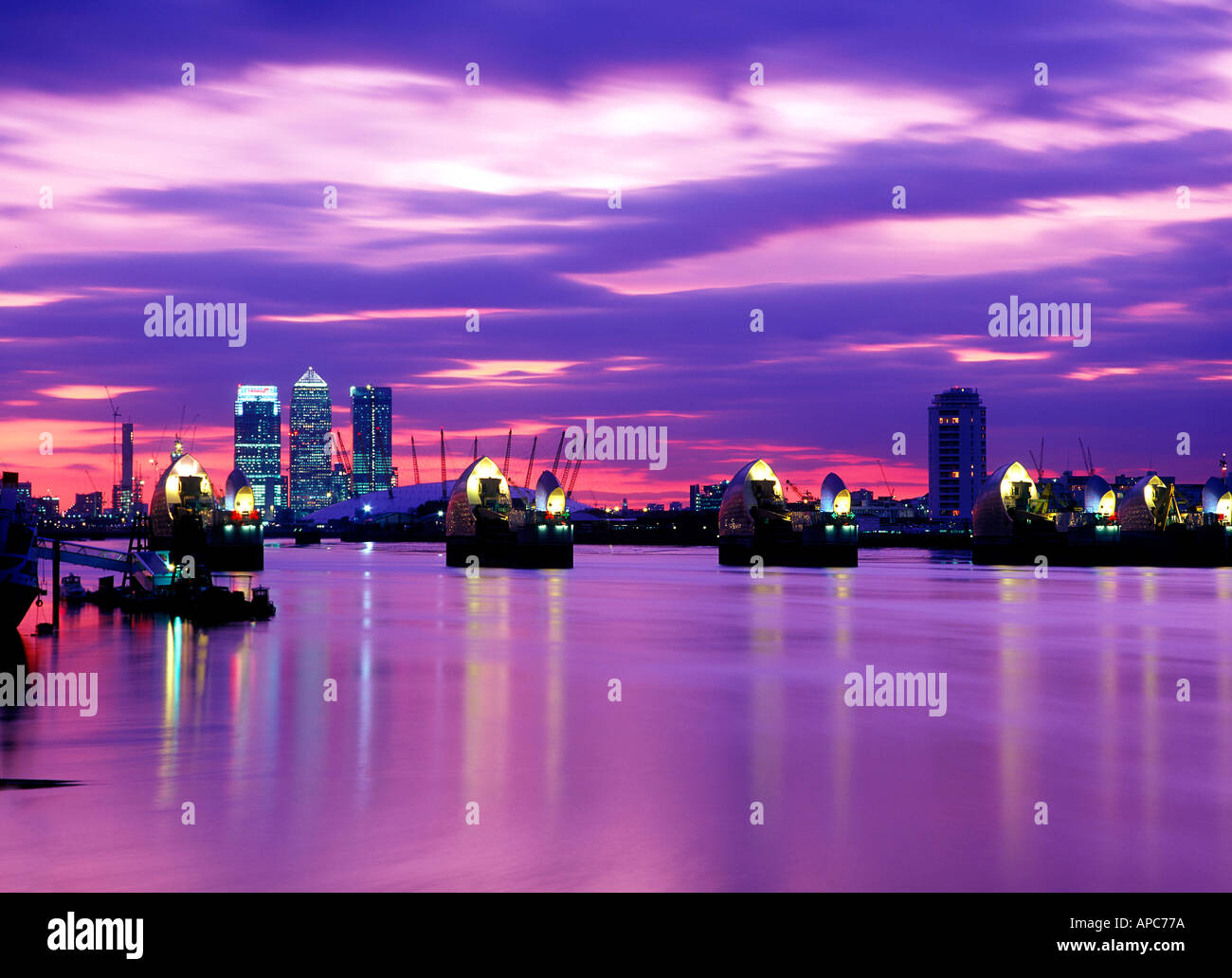 thames flood barrier river thames london england night dusk canary ...