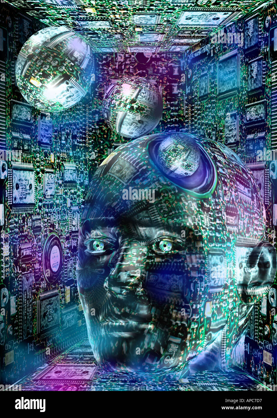 photo illustration computer man chip board spheres colour artificial ...