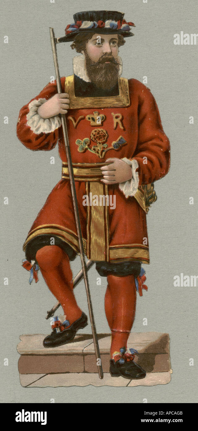 Chromolithographed die cut scrap of a beefeater circa 1880 Stock Photo
