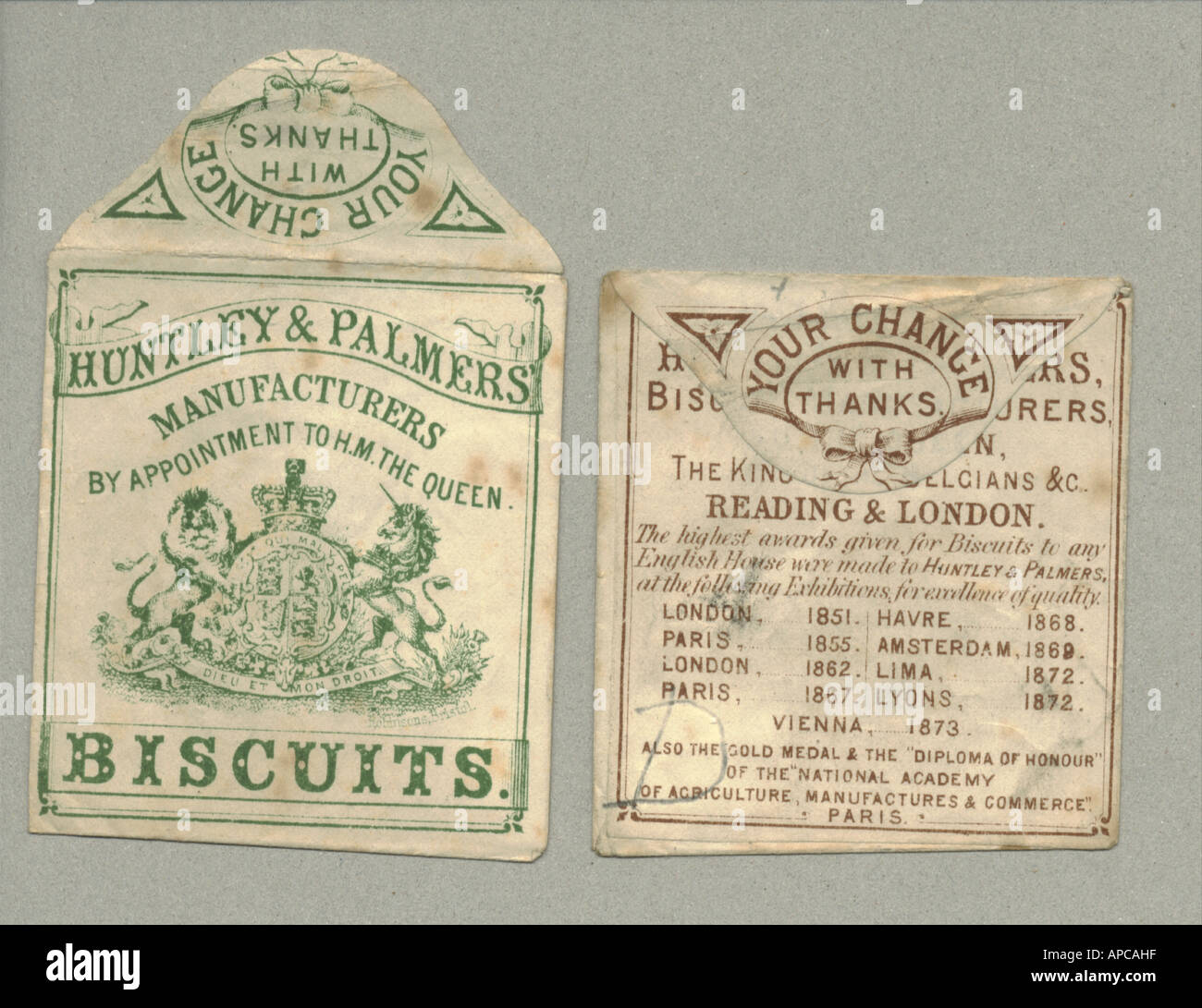 Huntley & Palmers' biscuit packets given in lieu of a farthing change circa 1875 Stock Photo