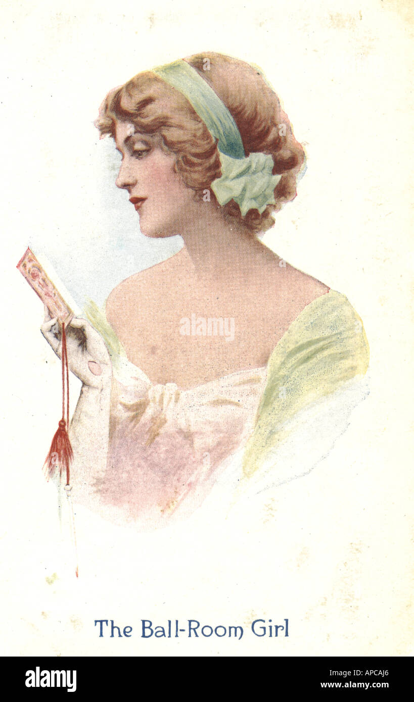 Greeting picture postcard titled The Ball-Room Girl circa 1910 Stock Photo