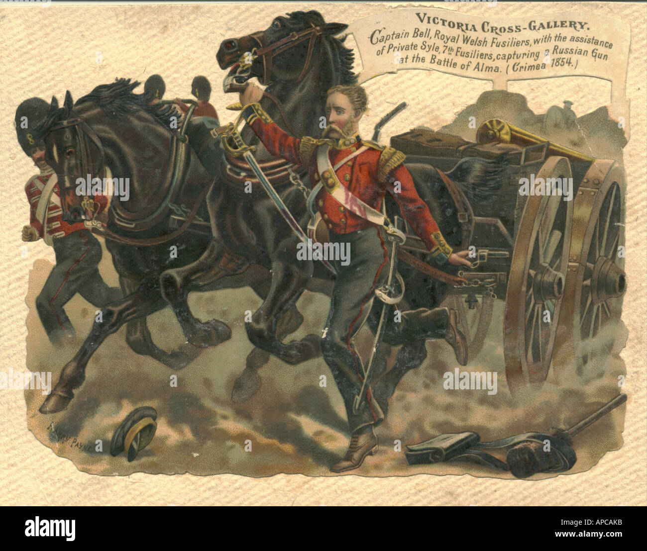 Chromolithographed die cut scrap of Captain Bell winning Victoria Cross in Crimea 1854 by artist Harry Payne 1880 Stock Photo