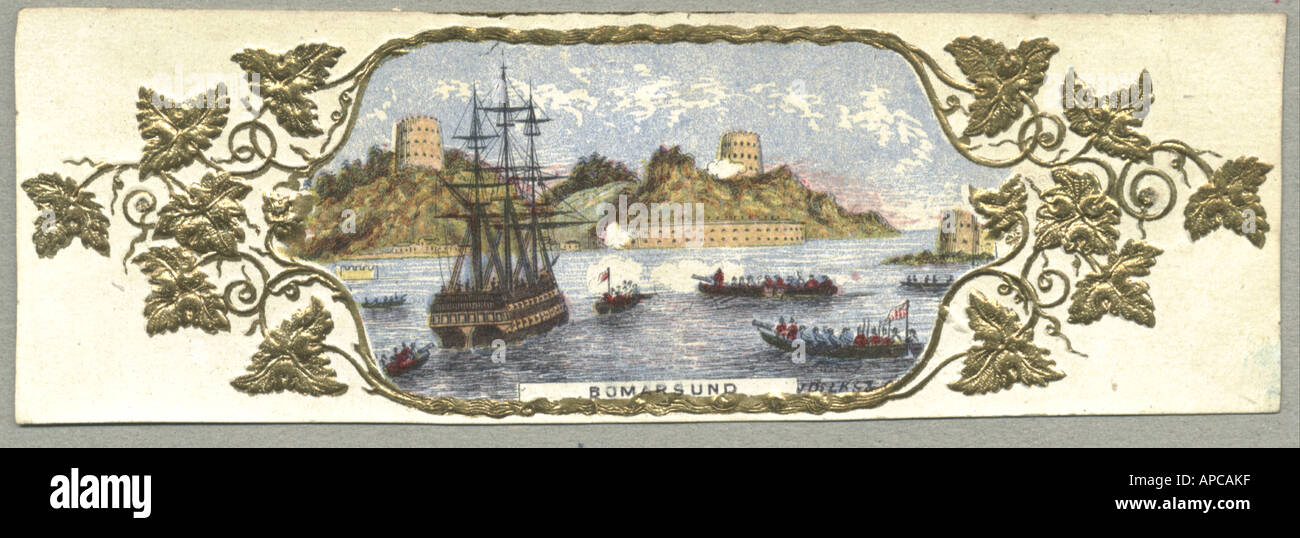 Embossed, gilded and chromolithographed label Bomarsund, Baltic Sea, from Crimea war 1854 published by J Dilks & Co Stock Photo