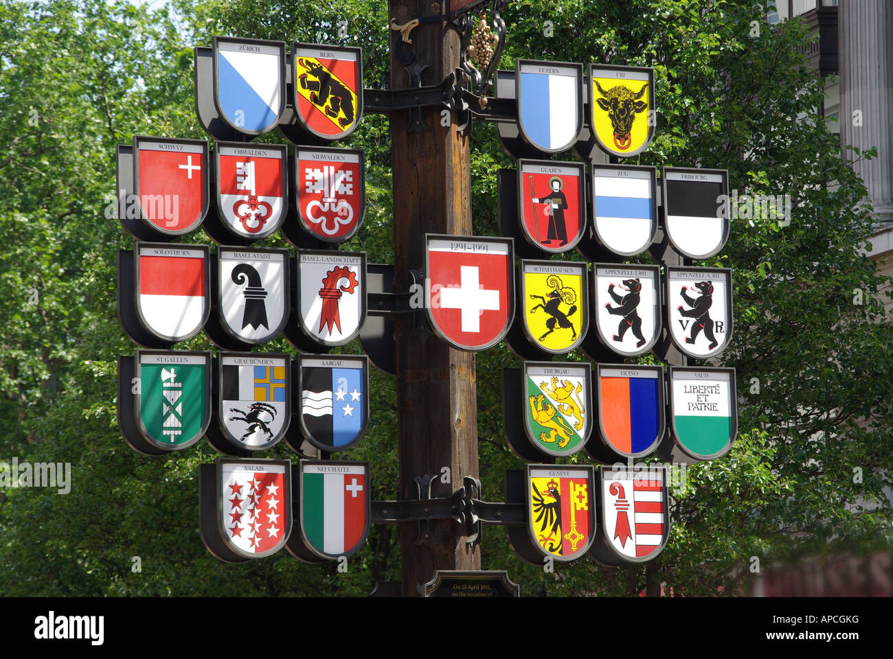 Close up of Cantonal tree colourful display of the twenty six Cantons of Switzerland in Leicester Square West End touristy area in London England UK Stock Photo