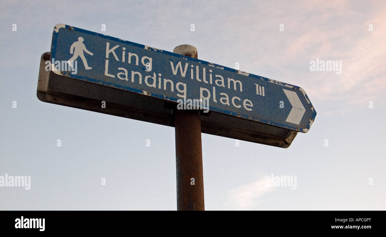 Sign pointing to the landing place on 14 June, 1690, of King William III, Carrickfergus, County Antrim, N. Ireland Stock Photo