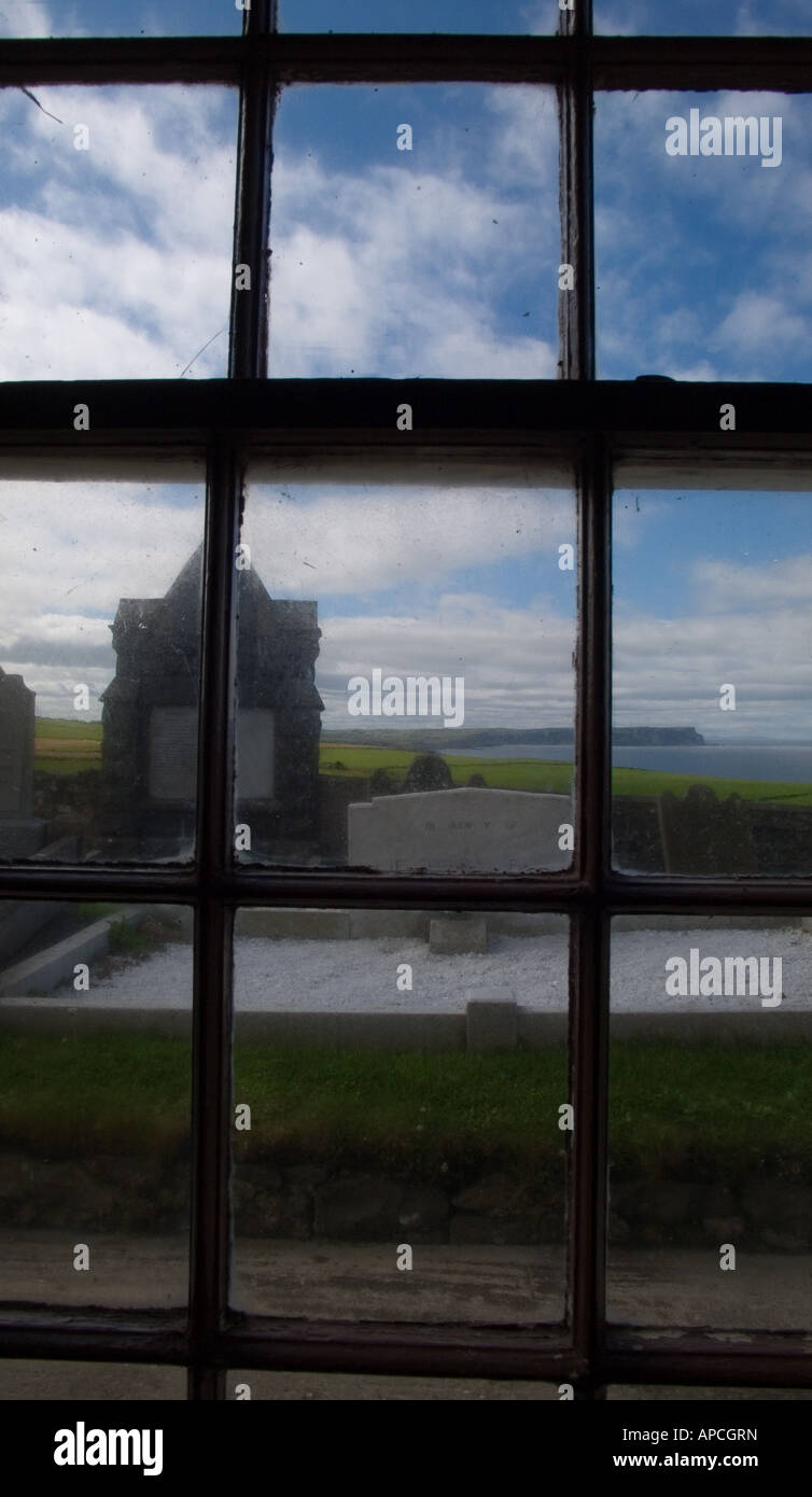 Looking out from within Ballintoy Church, County Antrim, N. Ireland Stock Photo