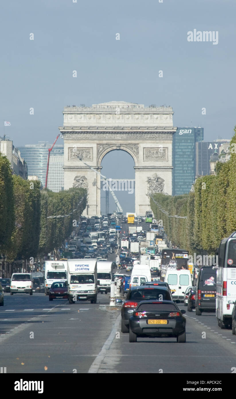 Zoom shot of the Champs Elysées in Paris France with the Arc de Triomphe in the distance Stock Photo