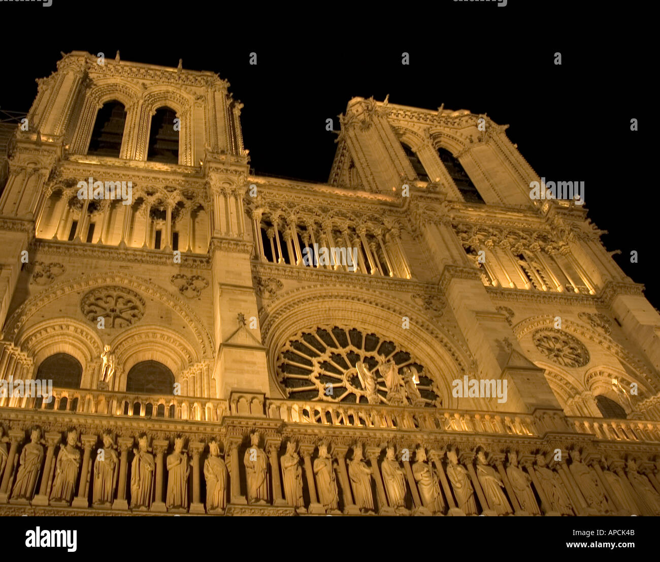 Looking up at Notre Dame in Paris at night prior to the devastating fire of April 15 2019. Stock Photo