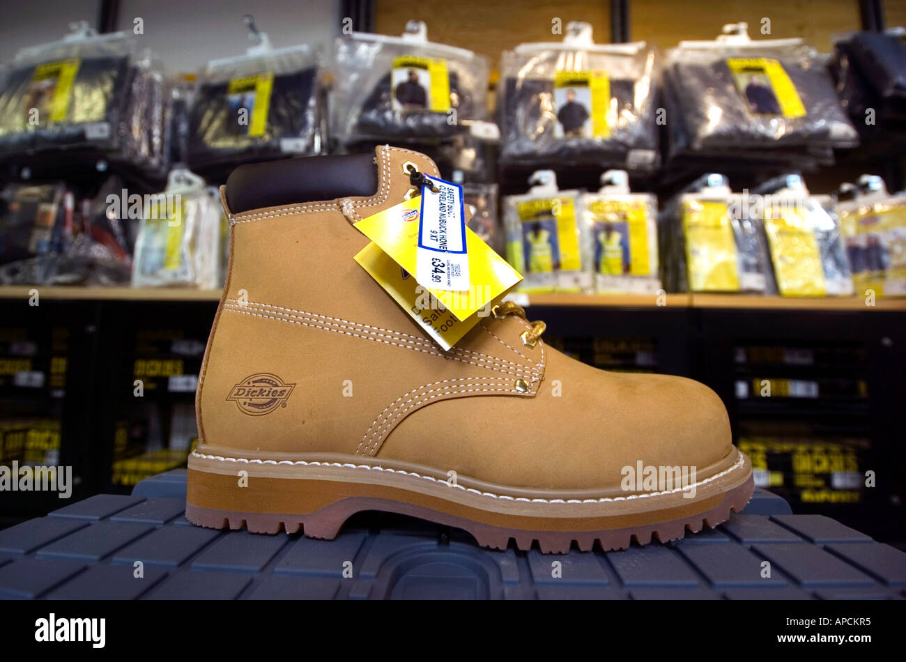 Work boot on display in shop Stock 