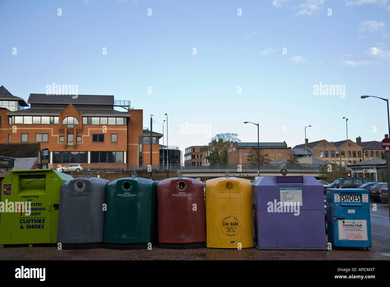 A row of recycling containers in Guildford town centre, Guildford