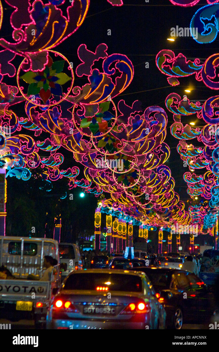 Lights Line the Street during Deepavali Celebration in Little India Singapore Stock Photo