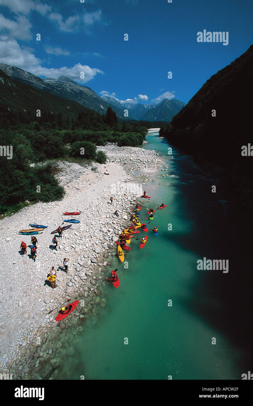 Kayakers on Soca river. Stock Photo