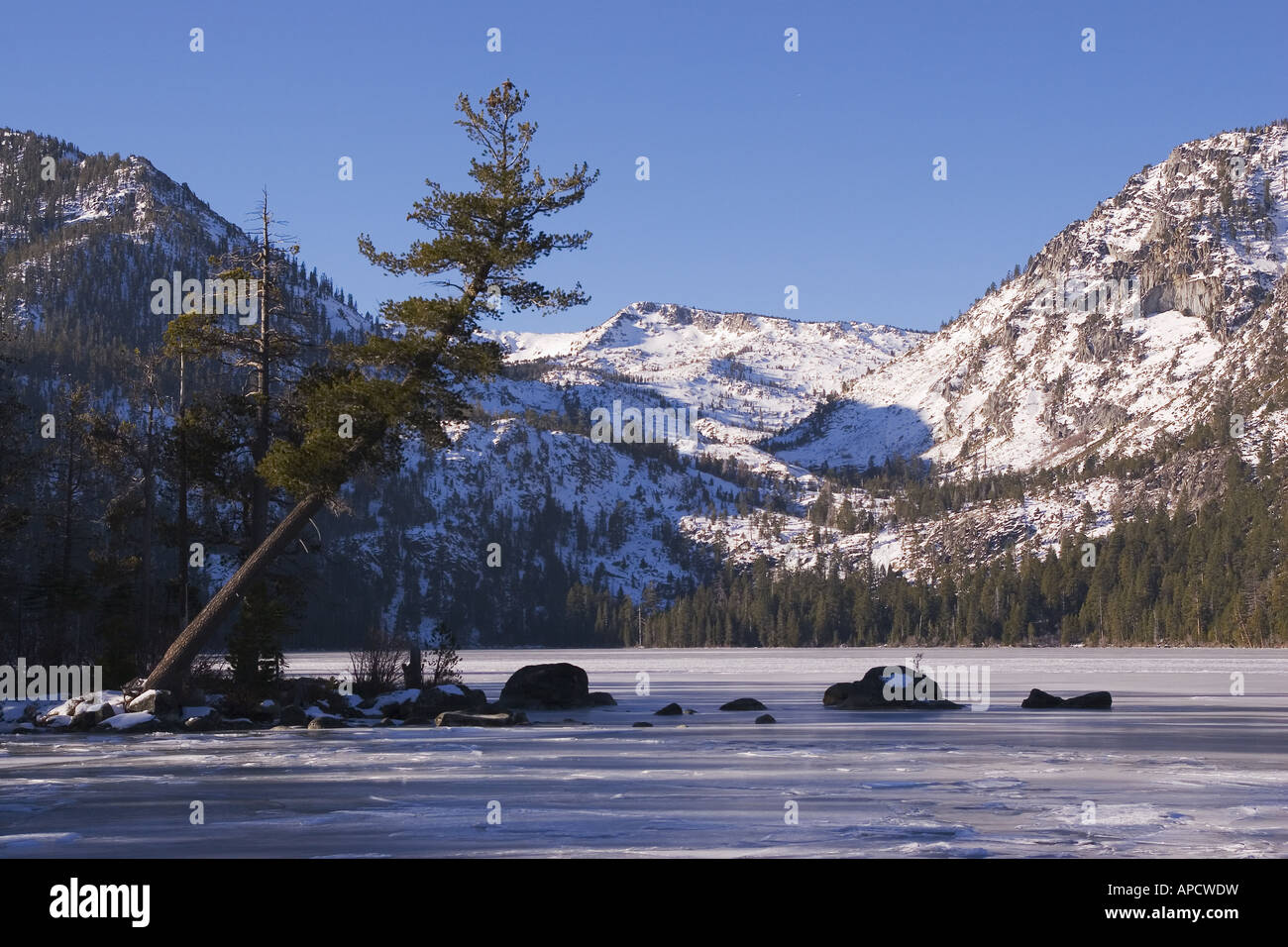 Frozen Cascade Lake near Lake Tahoe California Stock Photo