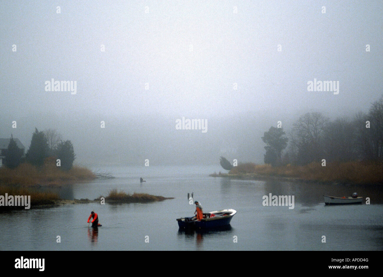 Men fishing on a misty waterway Southampton NY Stock Photo