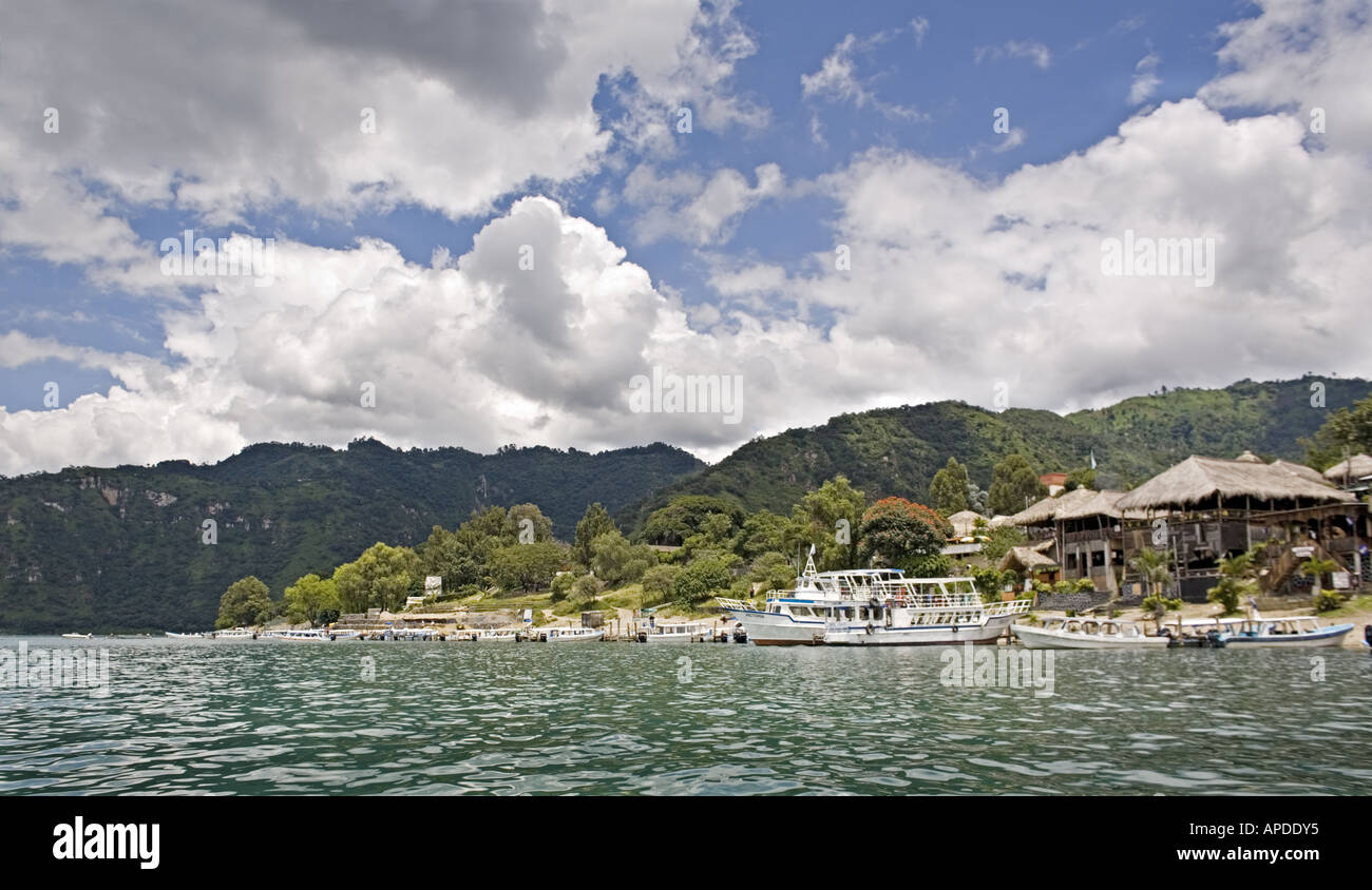GUATEMALA PANAJACHEL Boat docks and restaurants on the shore of Lake