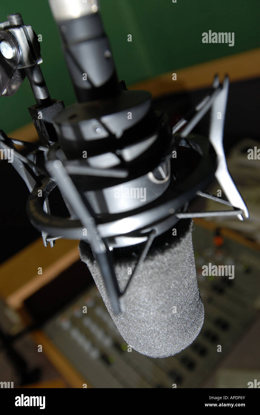 A Dj Microphone At A Radio Station Mixing Desk Stock Photo