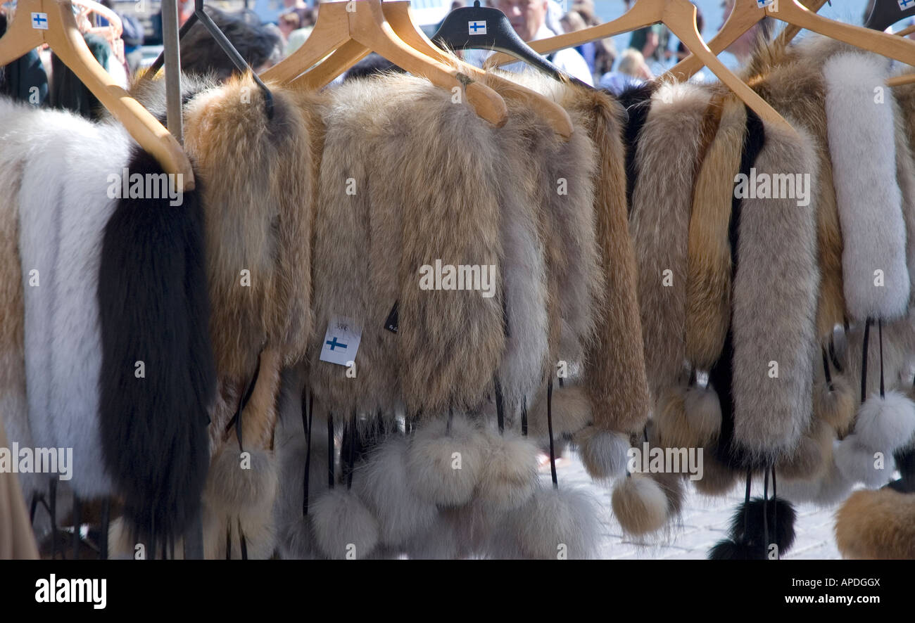 Fake furs on sale at Helsinki's outdoor market Stock Photo Alamy