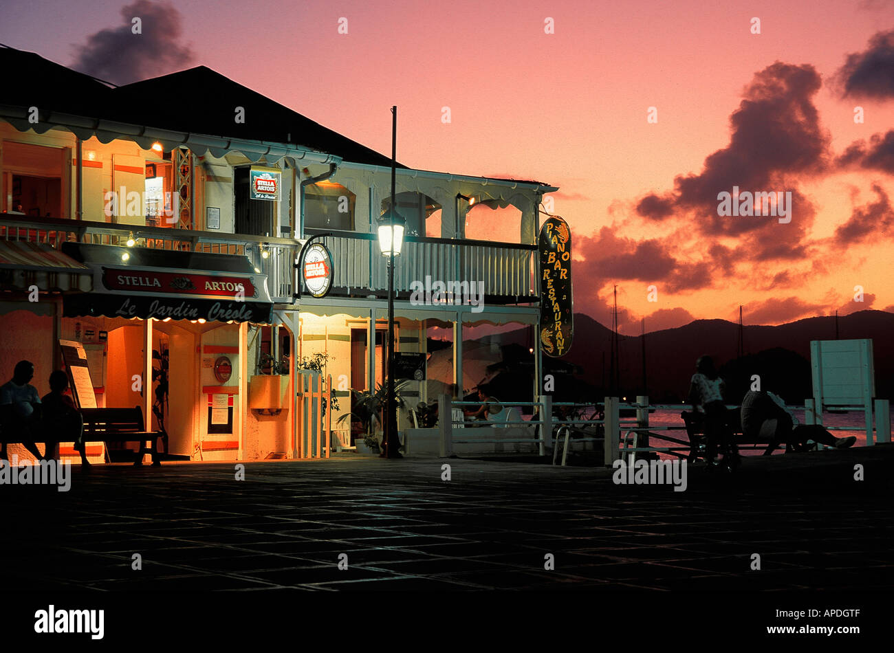 Harbour Pub at dusk, Iles de Saintes, Guadeloupe Caribbean, America Stock Photo