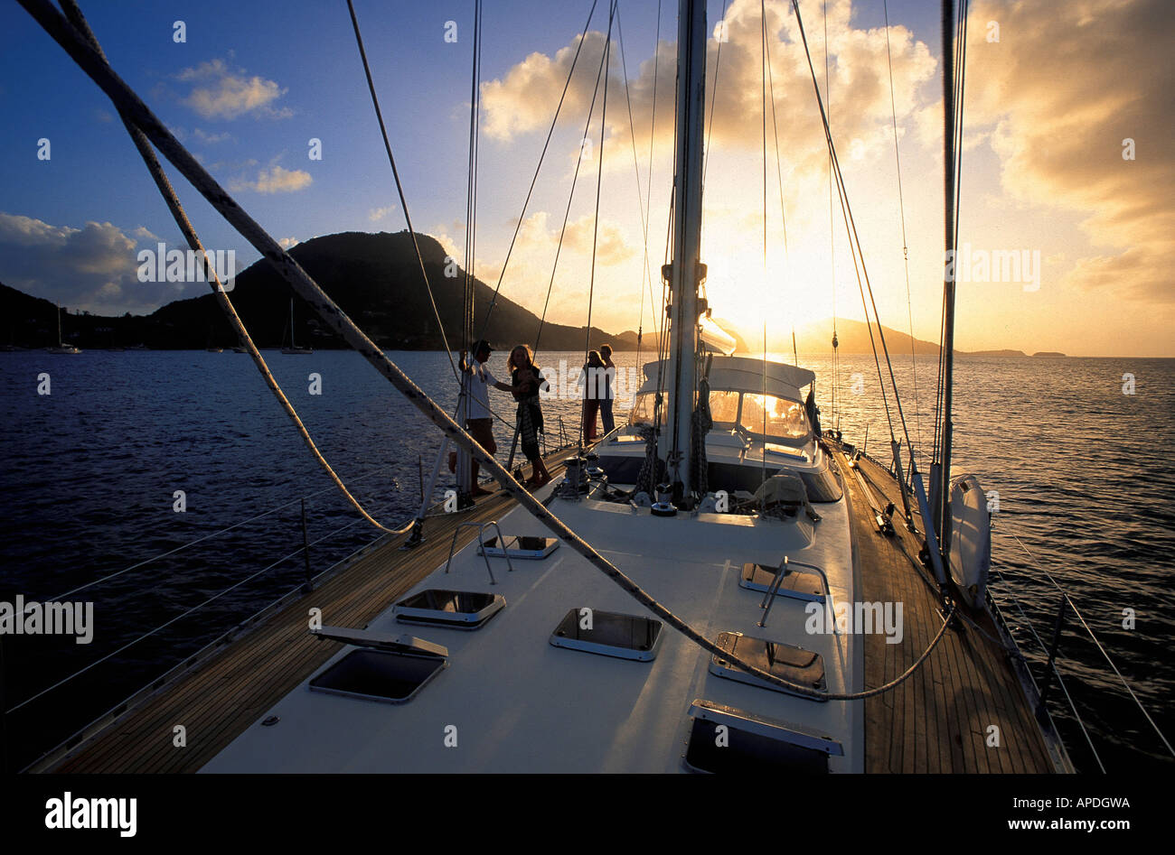 Sailing at dusk, Iles de Saintes, Guadeloupe Caribbean, America Stock Photo