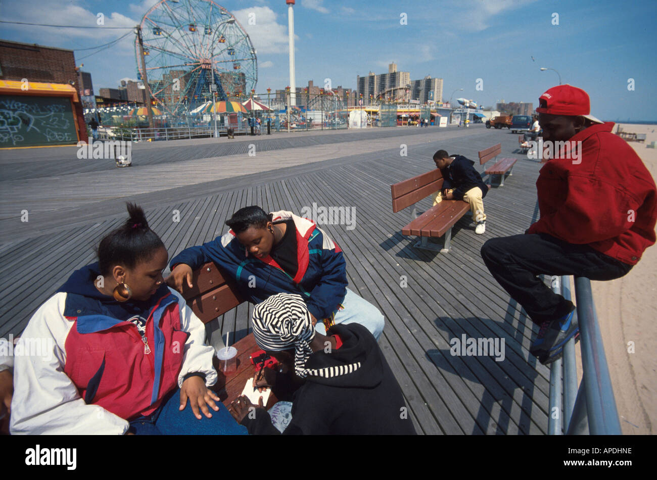 Youths at an amusement park on Coney Island, New York City, New York, USA Stock Photo