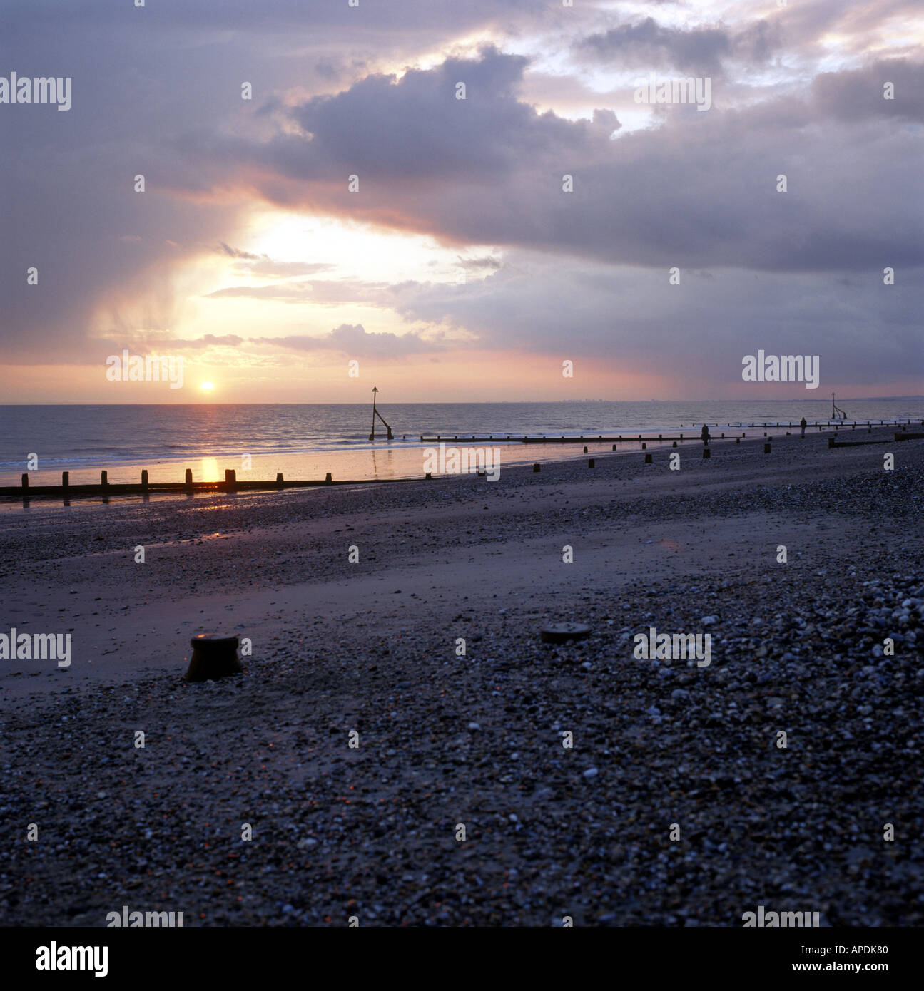 sunset on a beach in Selsey, West Sussex, Southern England Stock Photo