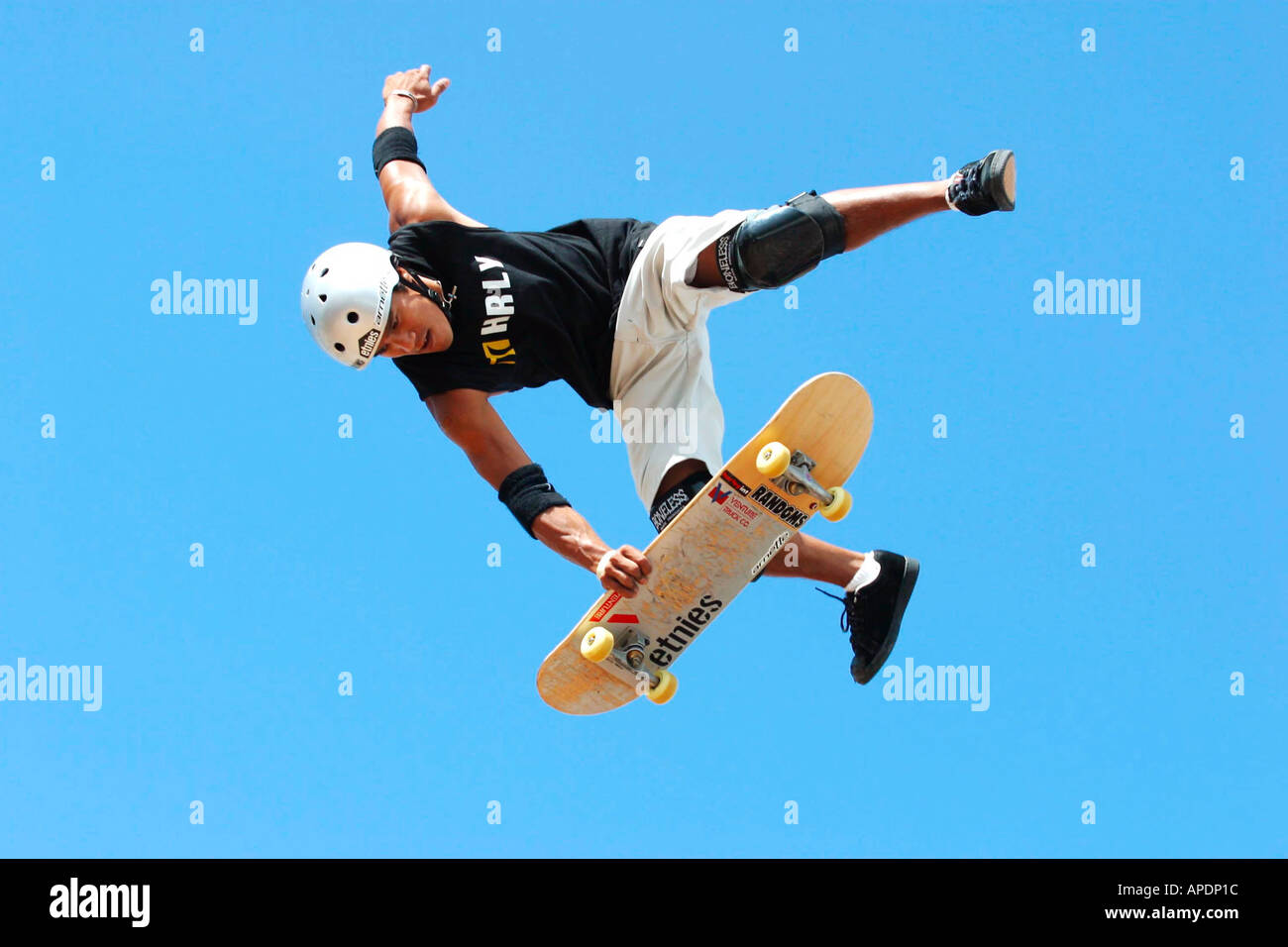 Mid-air skateboarding stunt action, Cornwall, UK. Sergie Ventura, Rip Curl  Boardmasters Stock Photo - Alamy