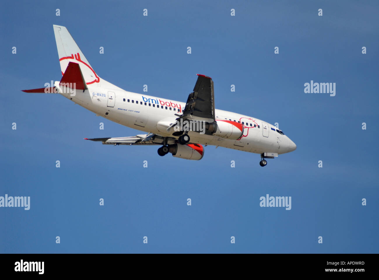 bmibaby plane approaching airfield for landing Stock Photo