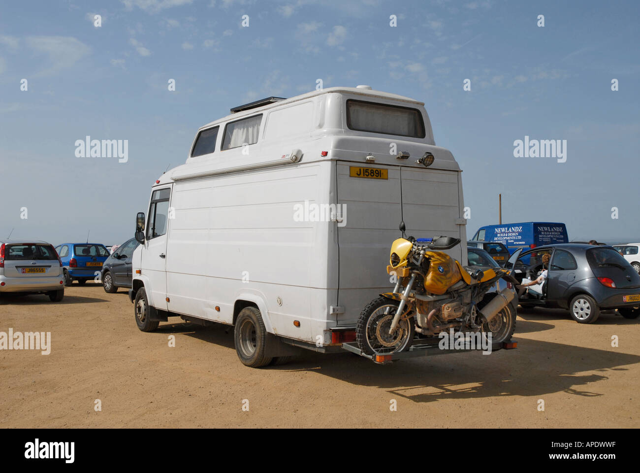 White Mercedes van with VW camper extension on the roof Stock Photo Alamy