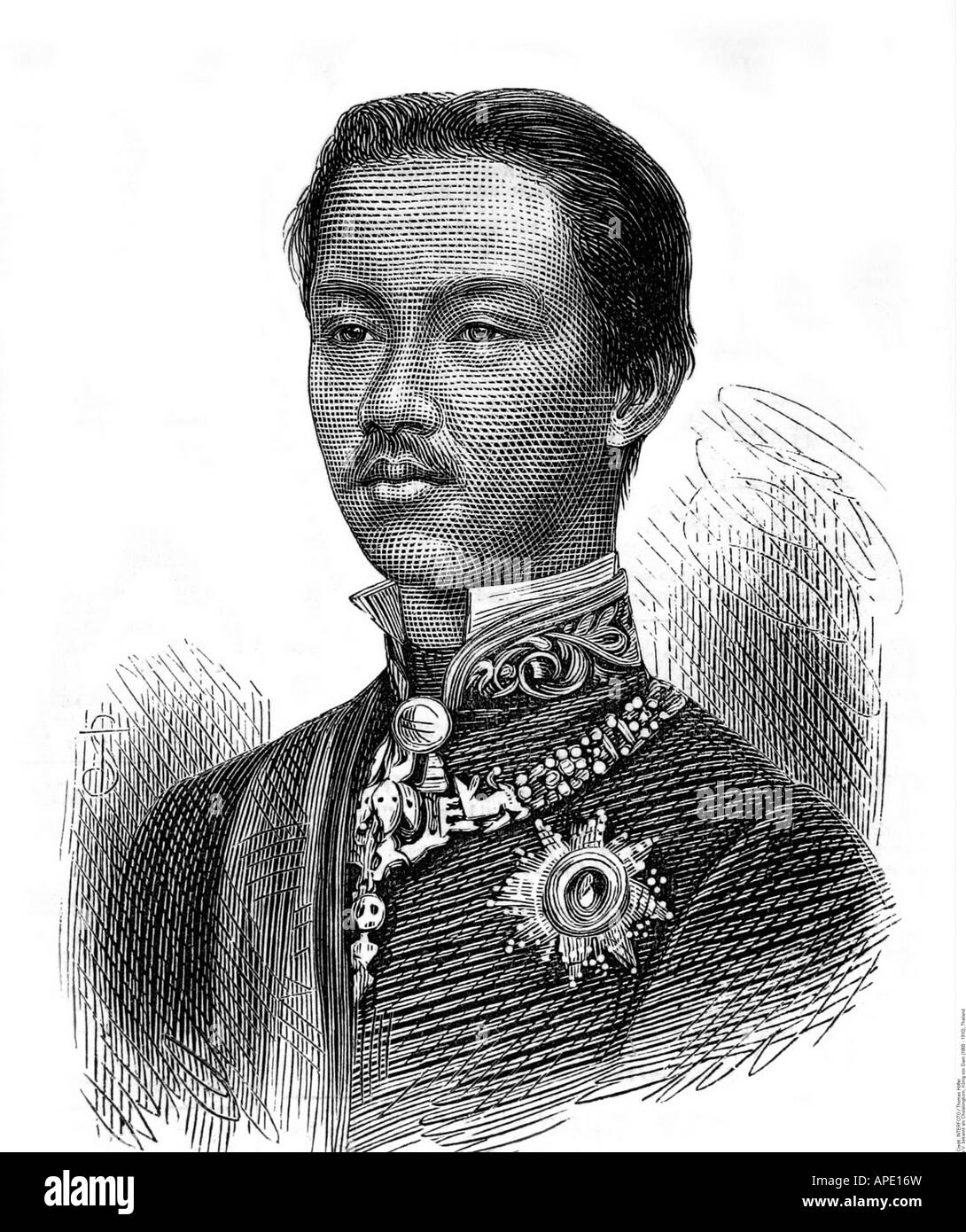 Rama V Chulalongkorn, 20.9. 1853 - 23.10.1910, King of Siam 11.11.1868 - 23.10.1910, portrait, steel engraving, 19th century, , Stock Photo