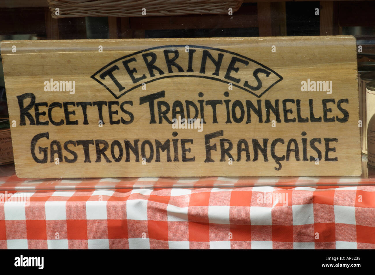 Sign for traditional terrines on market stall in French Stock Photo