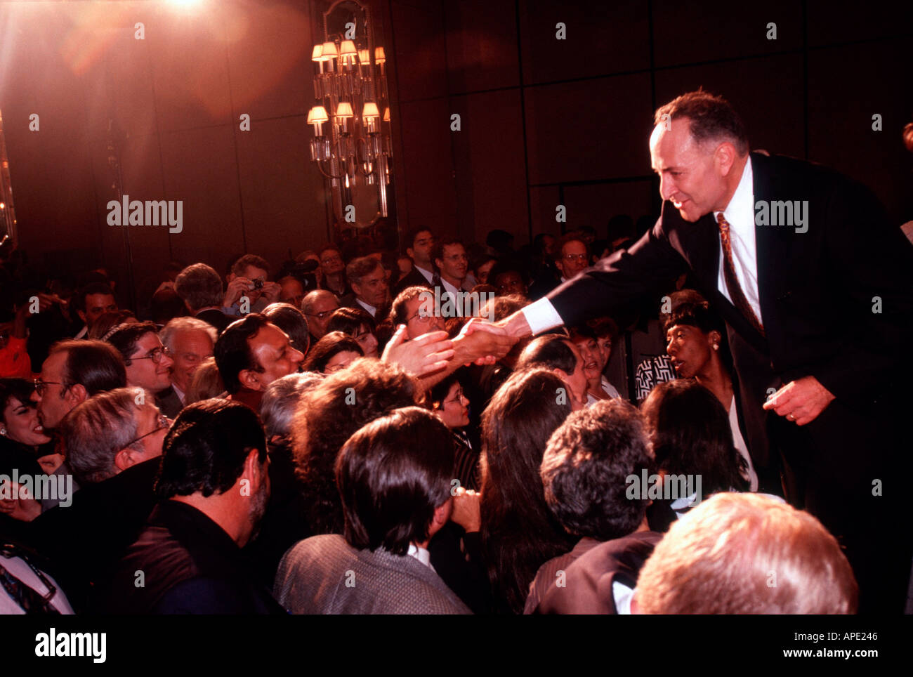 New York State Senator Charles Schumer thanks his supporters after winning the primary election  Stock Photo