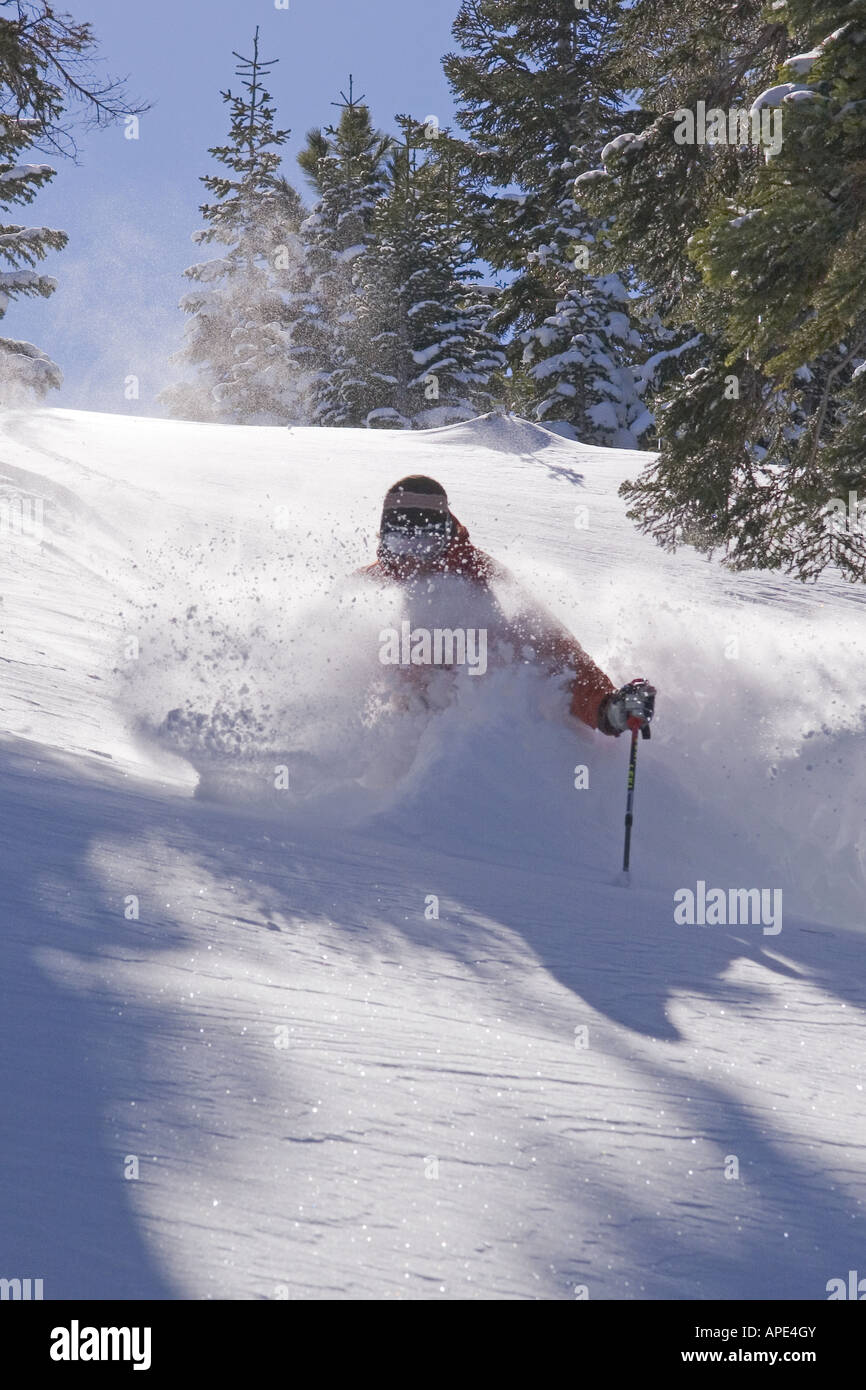 A man skiing powder snow on a sunny day at Northstar ski area near Lake Tahoe in California Stock Photo