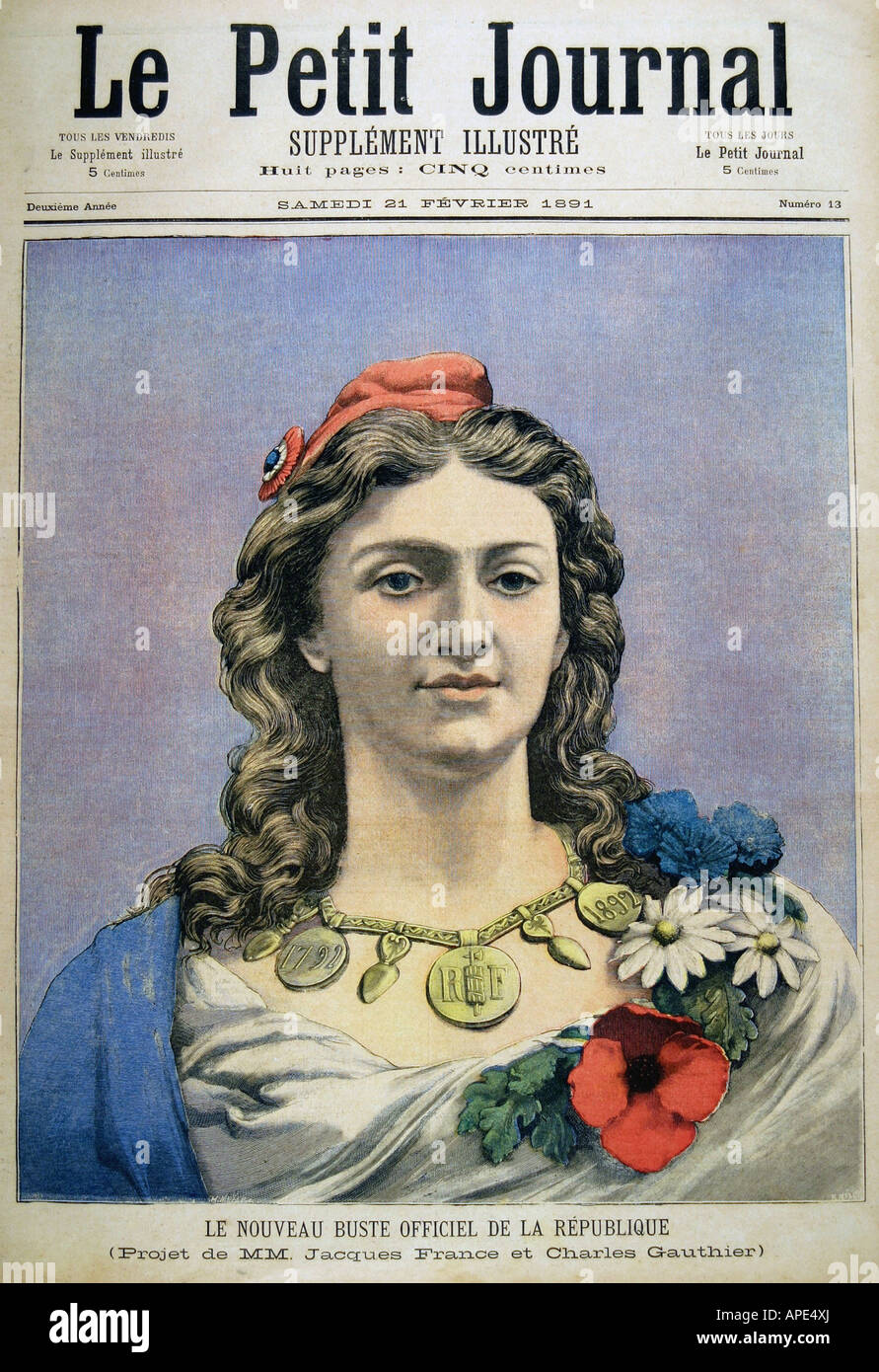 press/media, magazines, 'Le Petit Journal', Paris, 2. volume, number 13, illustrated supplement, Saturday 21 February 1891, title, 'The new official bust of the Republic', design by Jacques France and Charles Gauthier, , Stock Photo