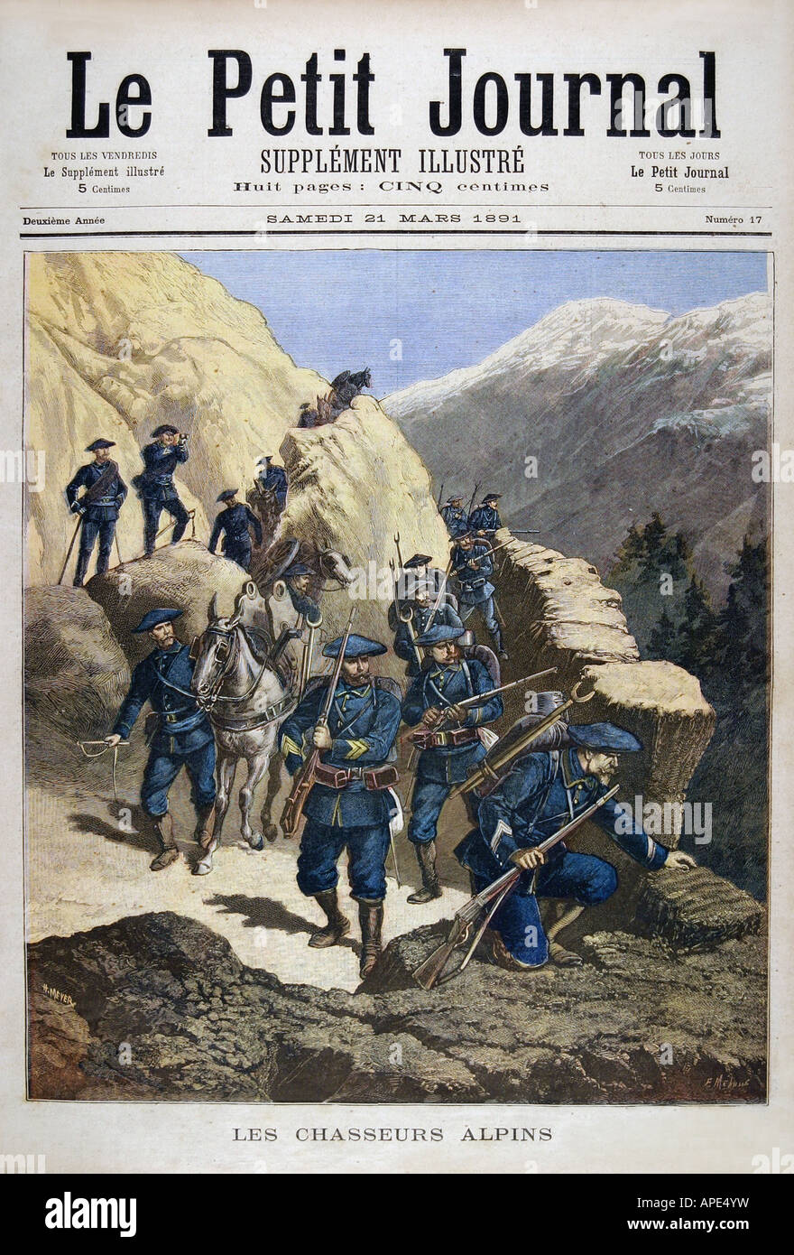 press/media, magazines, "Le Petit Journal", Paris, 2. volume, number 17, illustrated supplement, Saturday 21 March 1891, title, "The mountain infantry", , Stock Photo